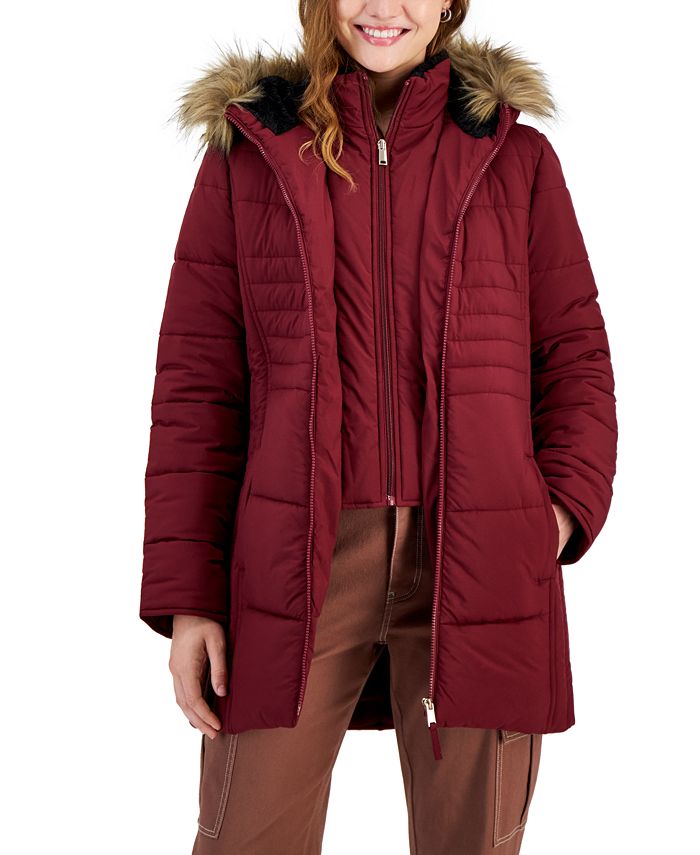 Juniors Bibbed Faux Fur Hooded Puffer Coat