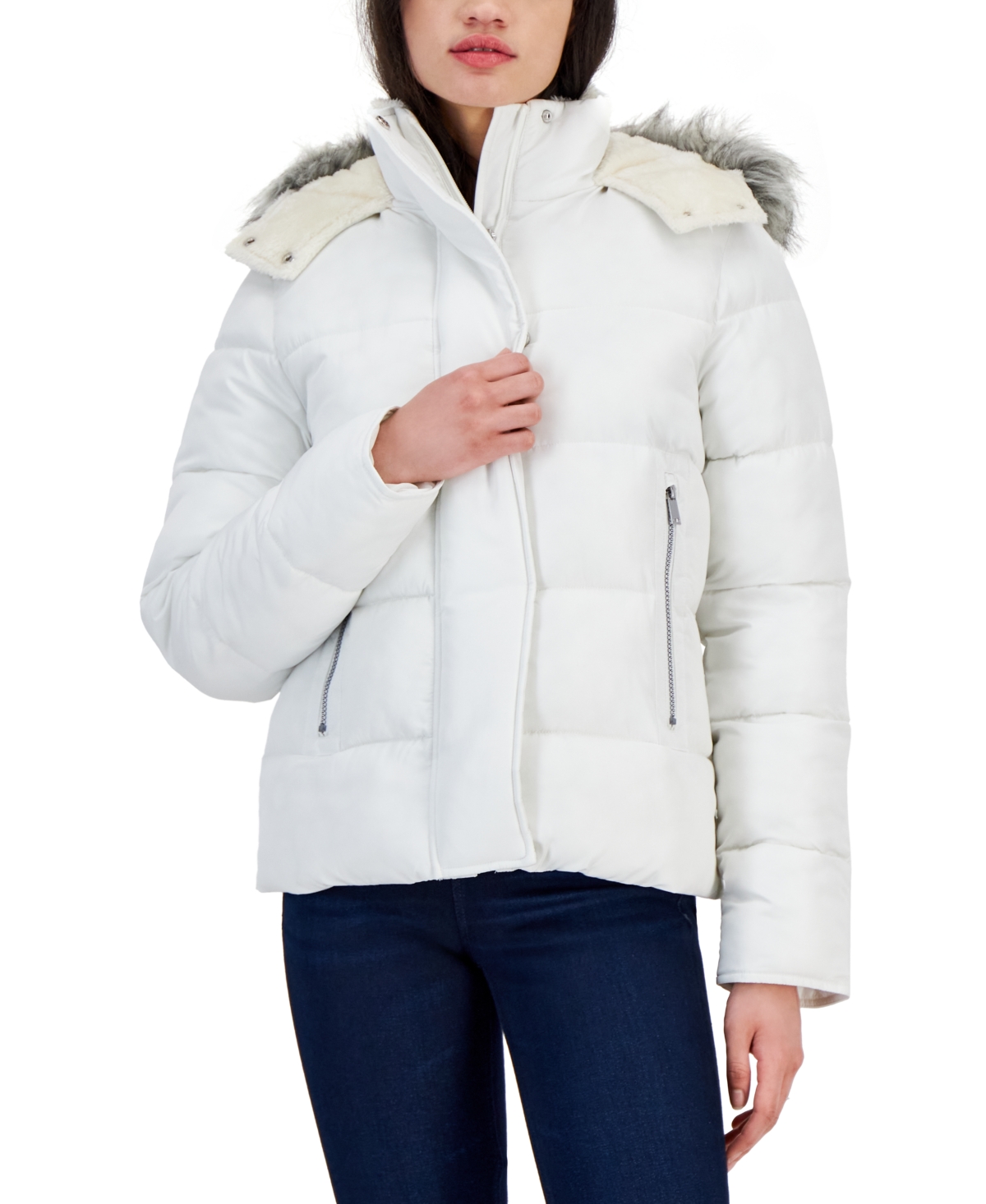 Maralyn & Me Juniors' Faux-fur-trim Hooded Puffer Coat, Created For Macy's In Winter White