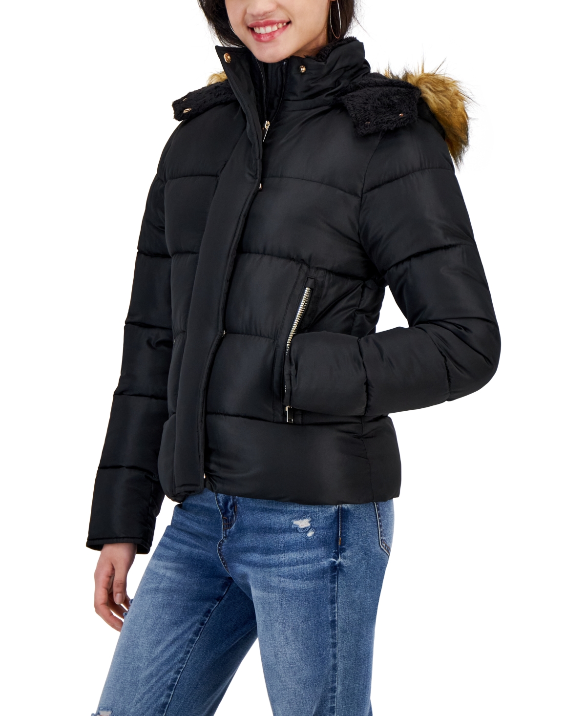 Juniors' Faux-Fur-Trim Hooded Puffer Coat, Created for Macy's - Black