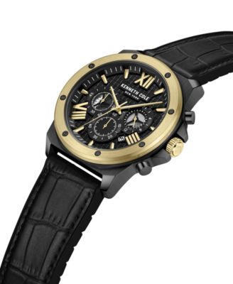 Men's Chronograph Dress Sport Black Genuine Leather Silicone Watch 45mm