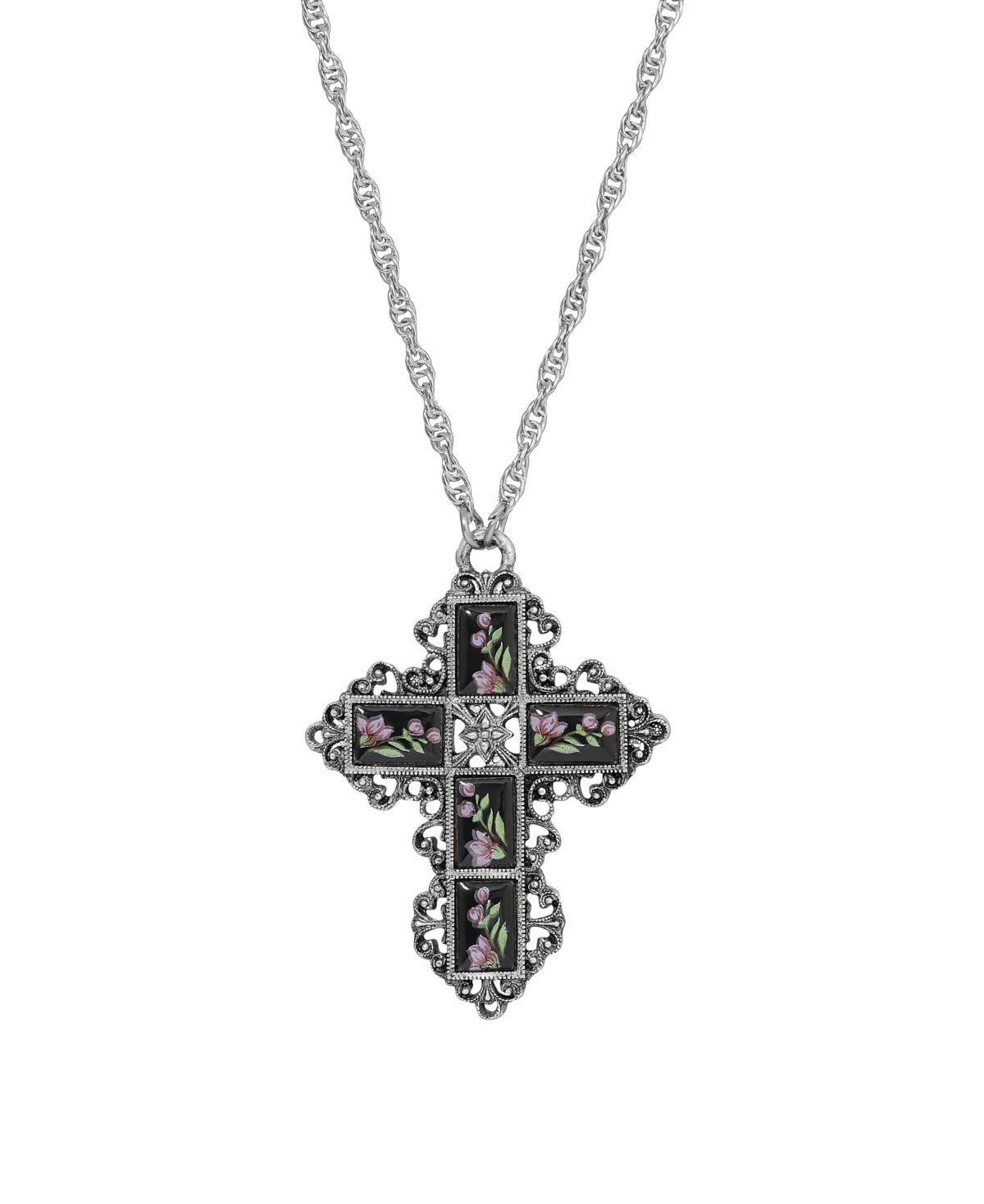 2028 Symbols Of Faith Enamel Cross Flower Necklace In Black