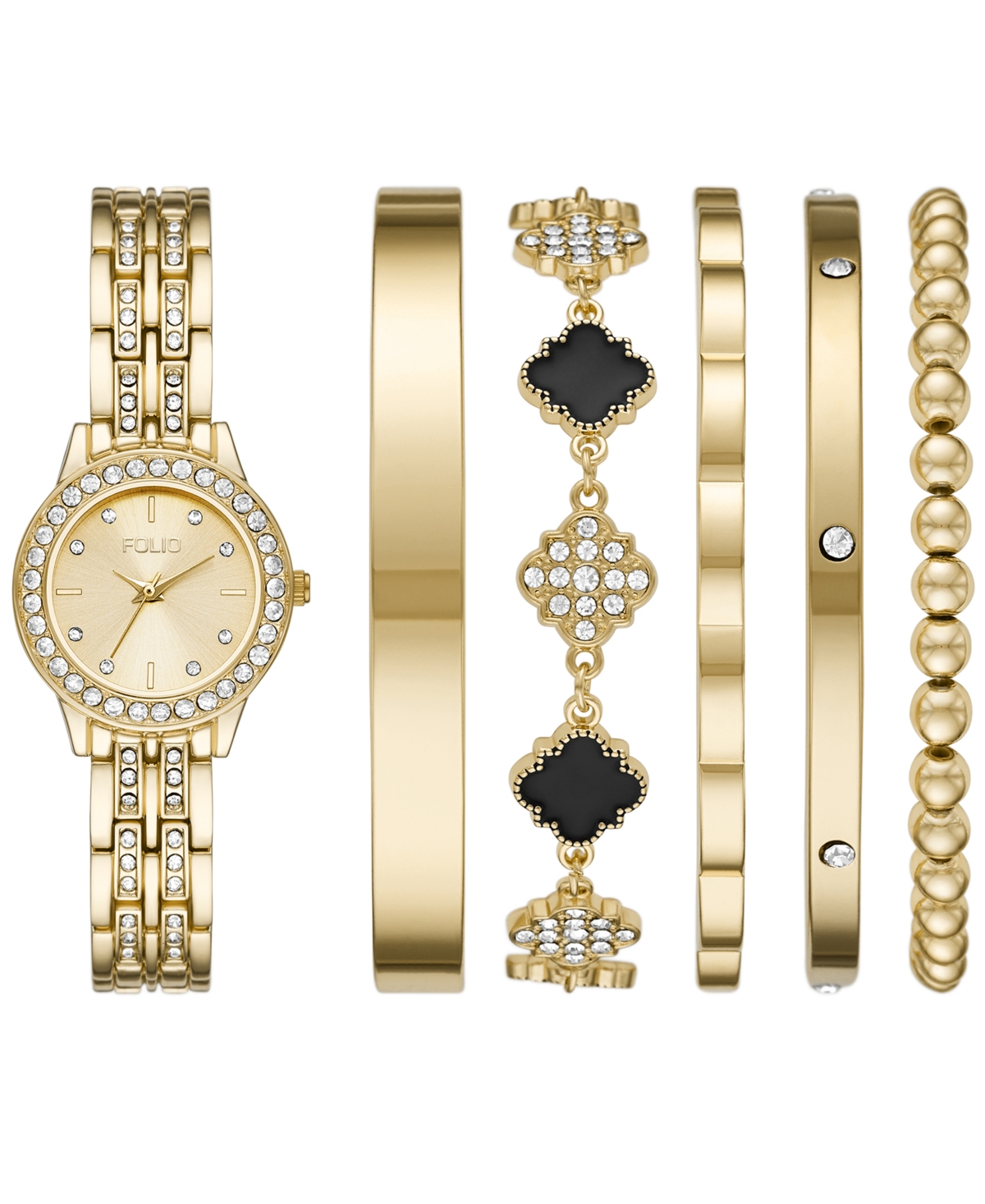 Folio Women's Three Hand Gold-Tone 27mm Watch and Bracelet Gift Set, 6 Pieces