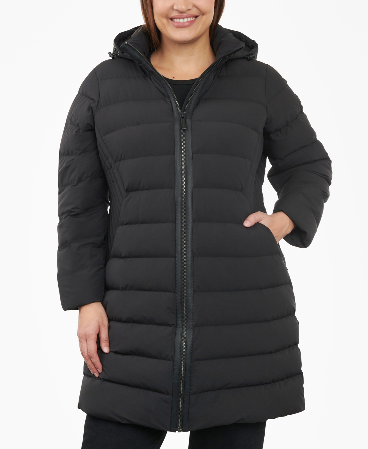 Michael Kors Michael  Women's Plus Size Hooded Faux-leather-trim Puffer Coat In Black