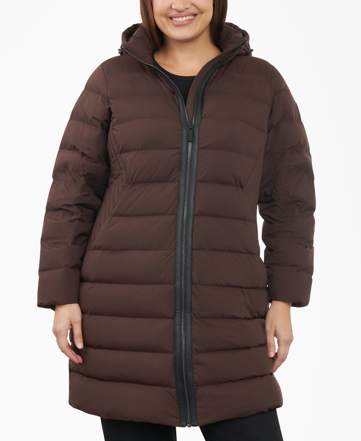 Michael Kors Michael  Women's Plus Size Hooded Faux-leather-trim Puffer Coat In Chocolate