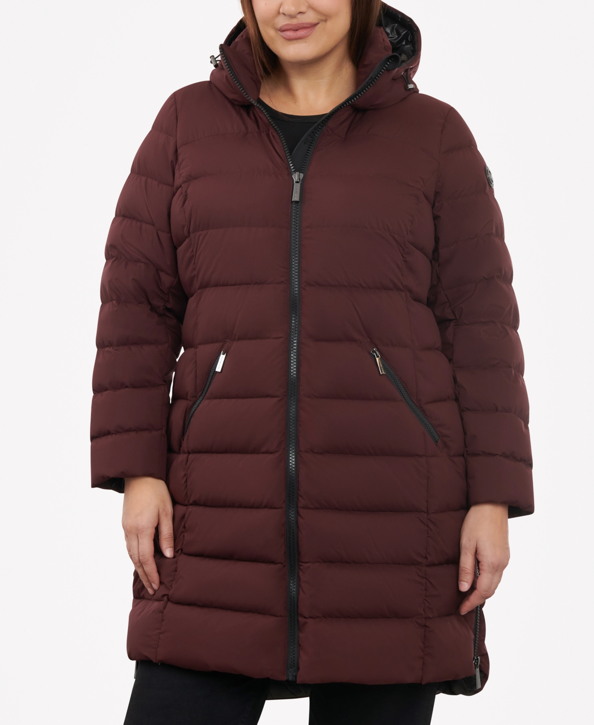 Michael Kors Michael  Women's Plus Size Hooded Faux-leather-trim Puffer Coat, Created For Macy's In Burgundy