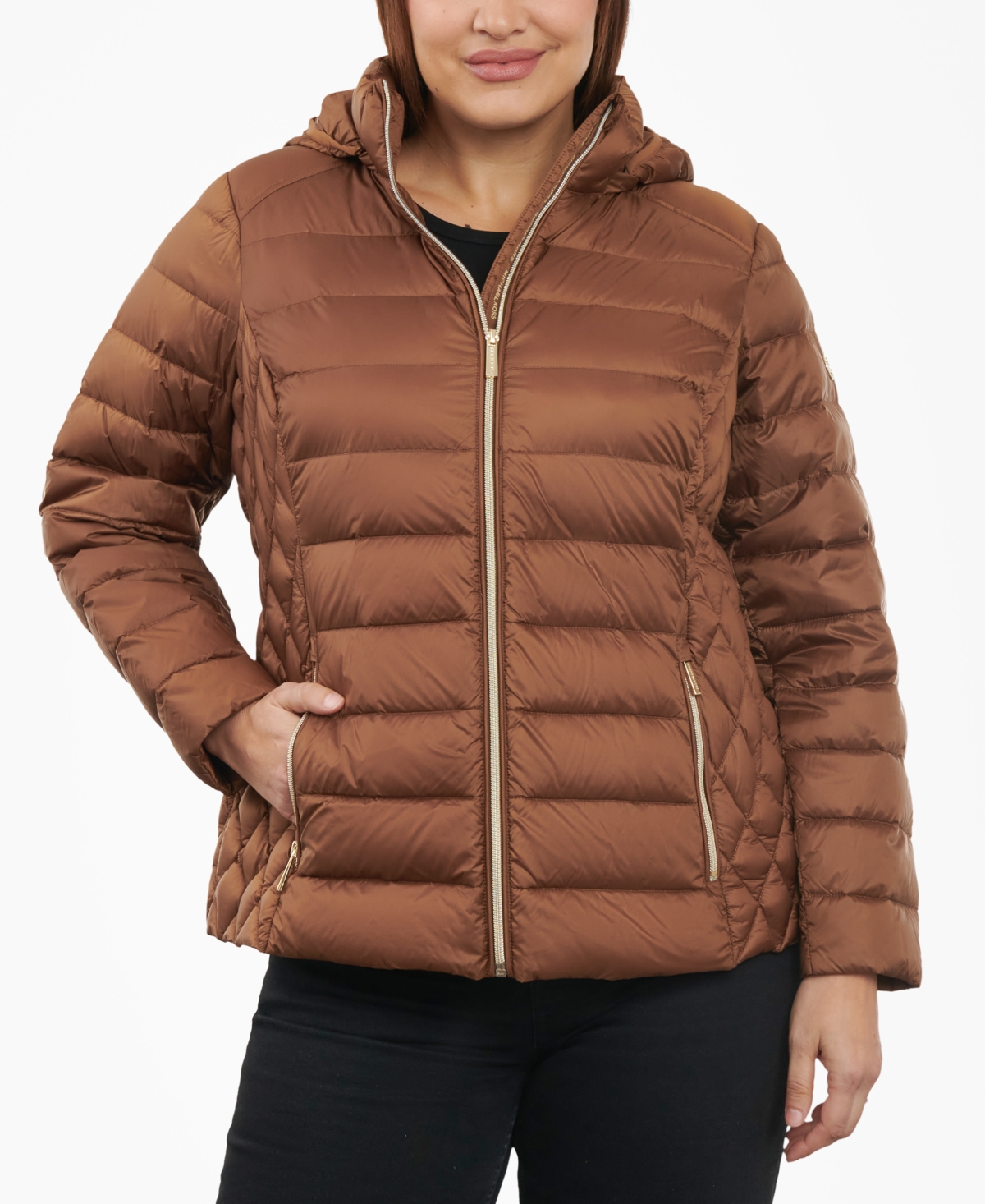 Shop Michael Kors Michael  Women's Plus Size Hooded Packable Down Puffer Coat In Luggage