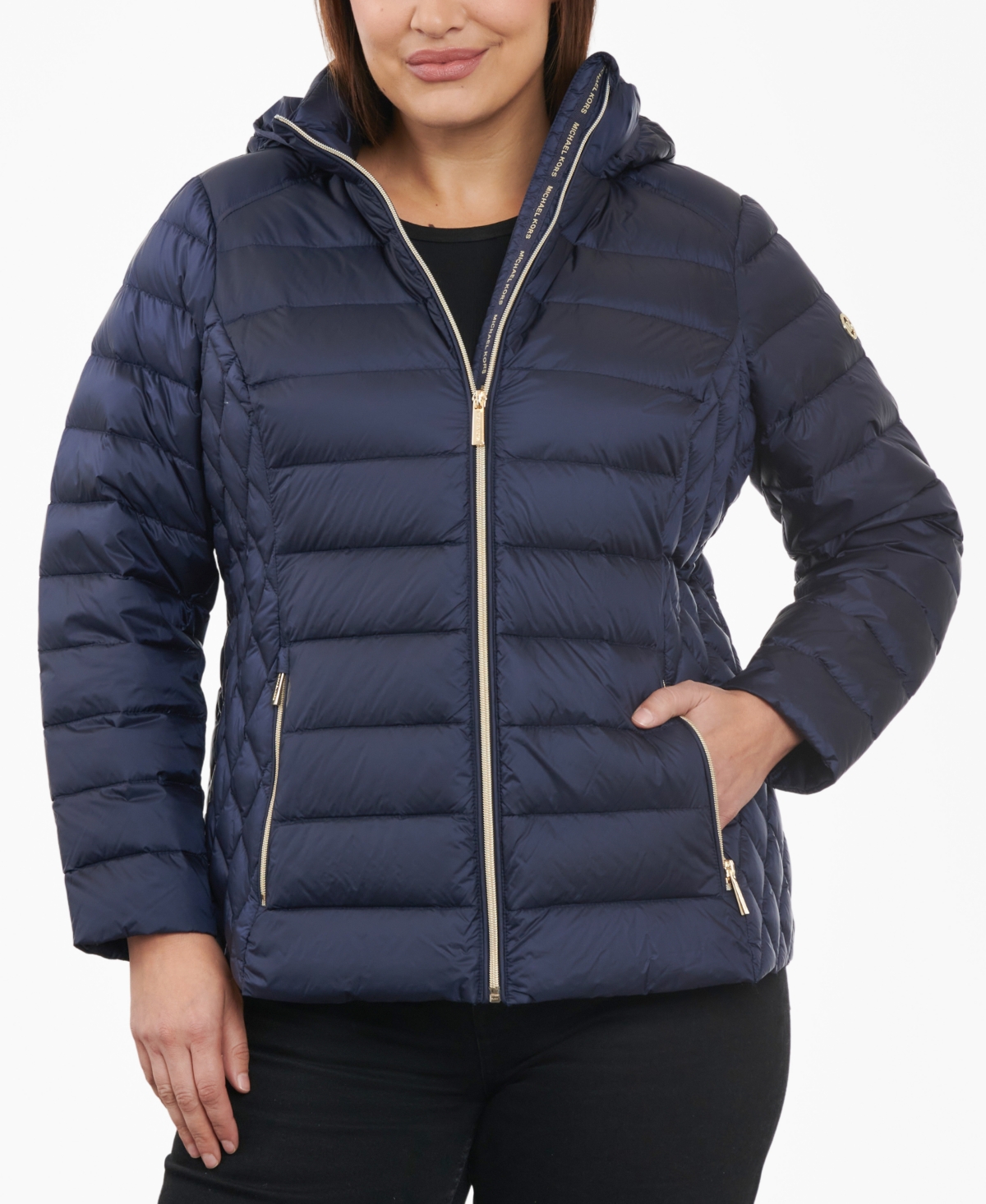 Michael Kors Michael  Women's Plus Size Hooded Packable Down Puffer Coat In Midnight Blue