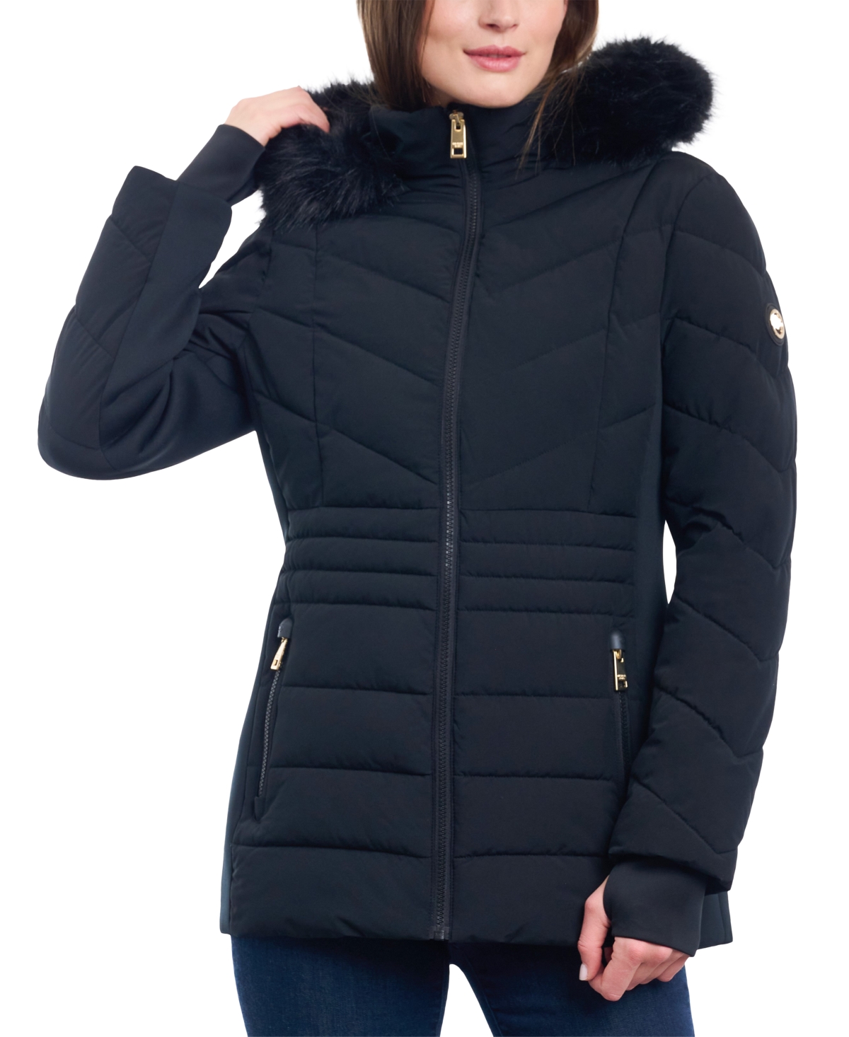 Michael Kors Michael  Women's Faux-fur-trim Hooded Puffer Coat, Created For Macy's In Black