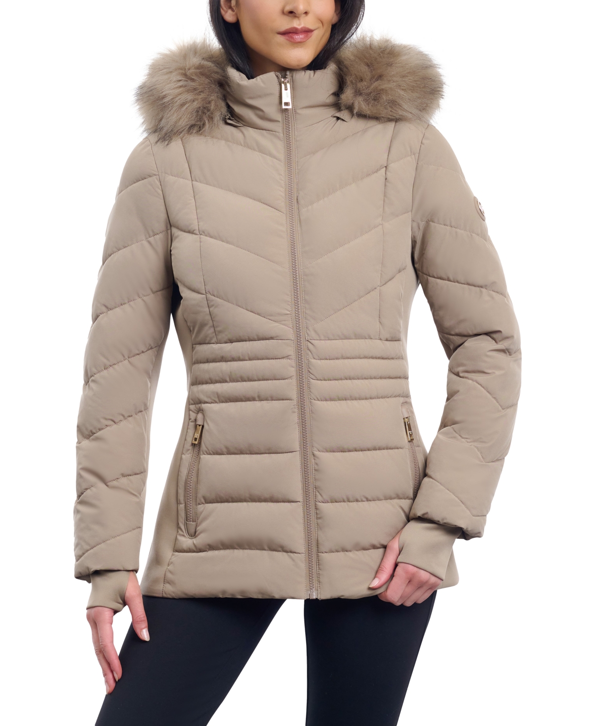 Michael Kors Michael  Women's Faux-fur-trim Hooded Puffer Coat, Created For Macy's In Taupe