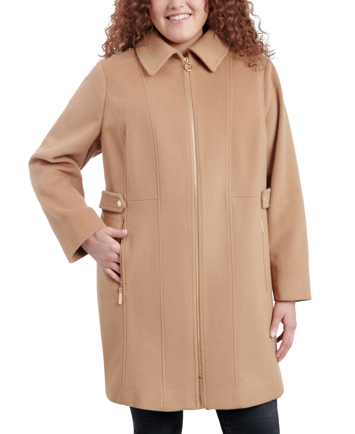 Shop Michael Kors Michael  Women's Plus Size Club-collar Zip-front Coat In Dark Camel