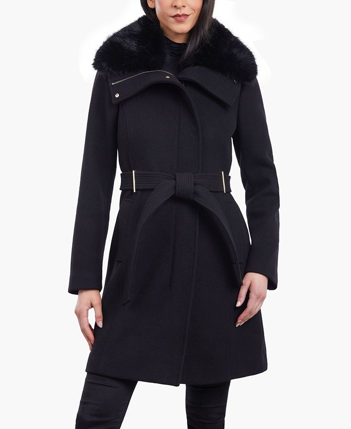 Michael Women's Belted Faux-Fur-Collar Coat - Macy's