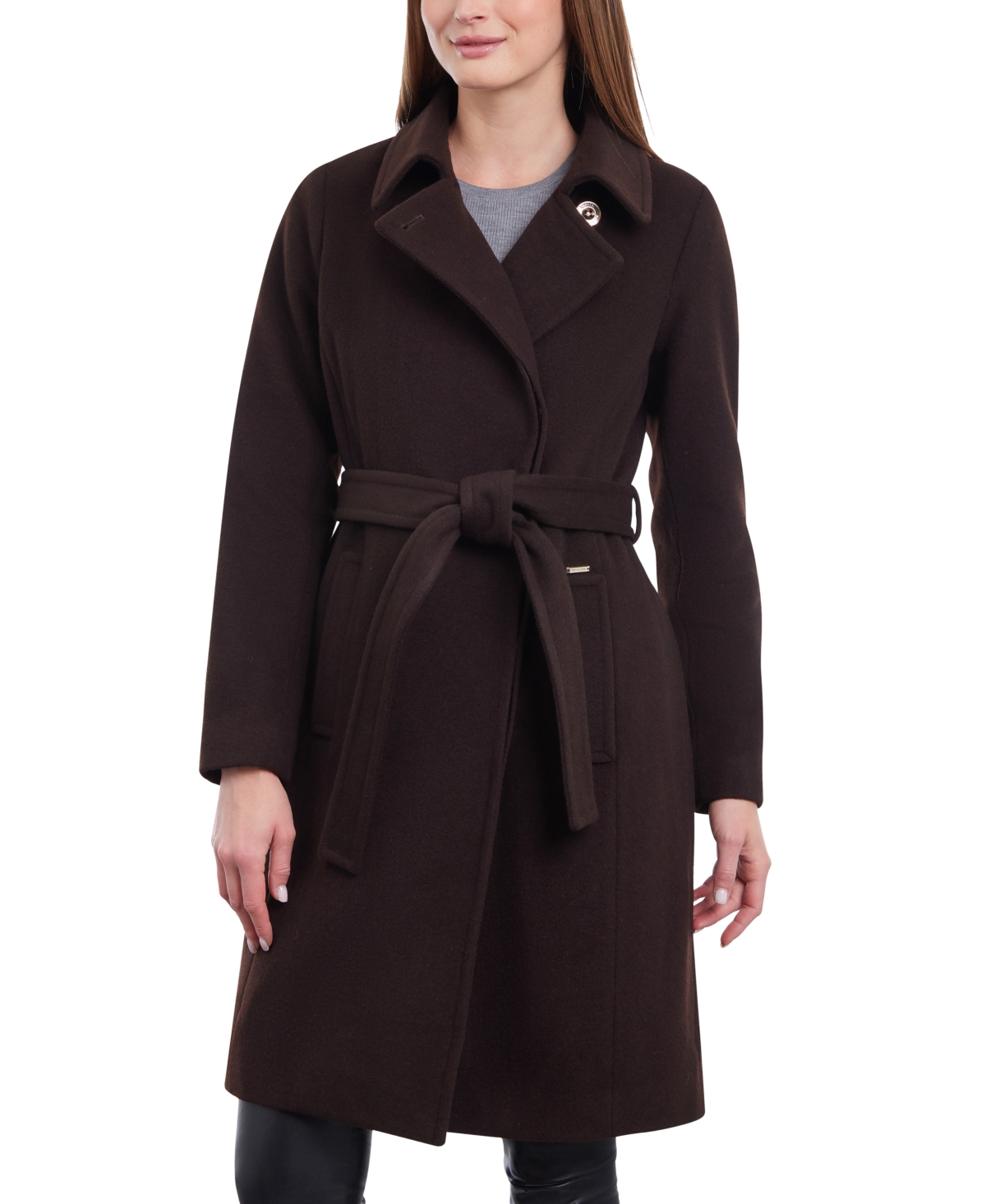 Michael Kors Michael  Women's Petite Belted Notched-collar Wrap Coat In Chocolate