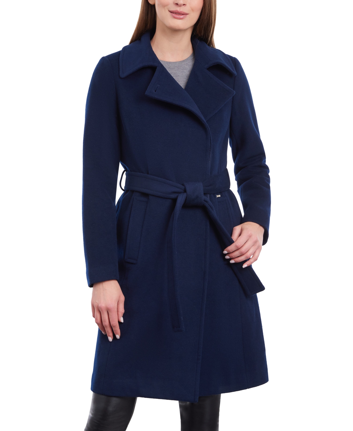Michael Kors Michael  Women's Petite Belted Notched-collar Wrap Coat In Midnight