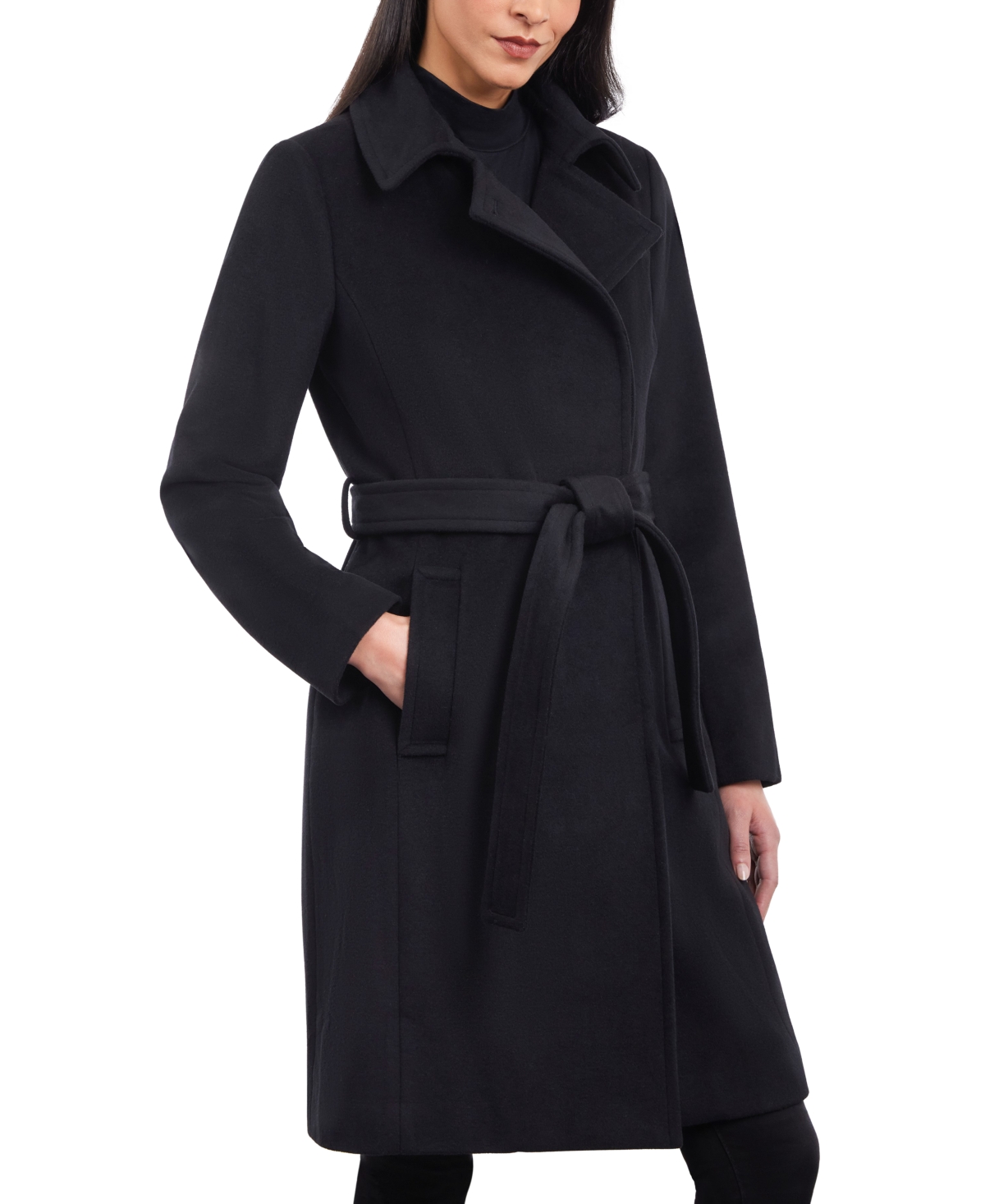 Michael Kors Michael  Women's Wool Blend Belted Wrap Coat In Black