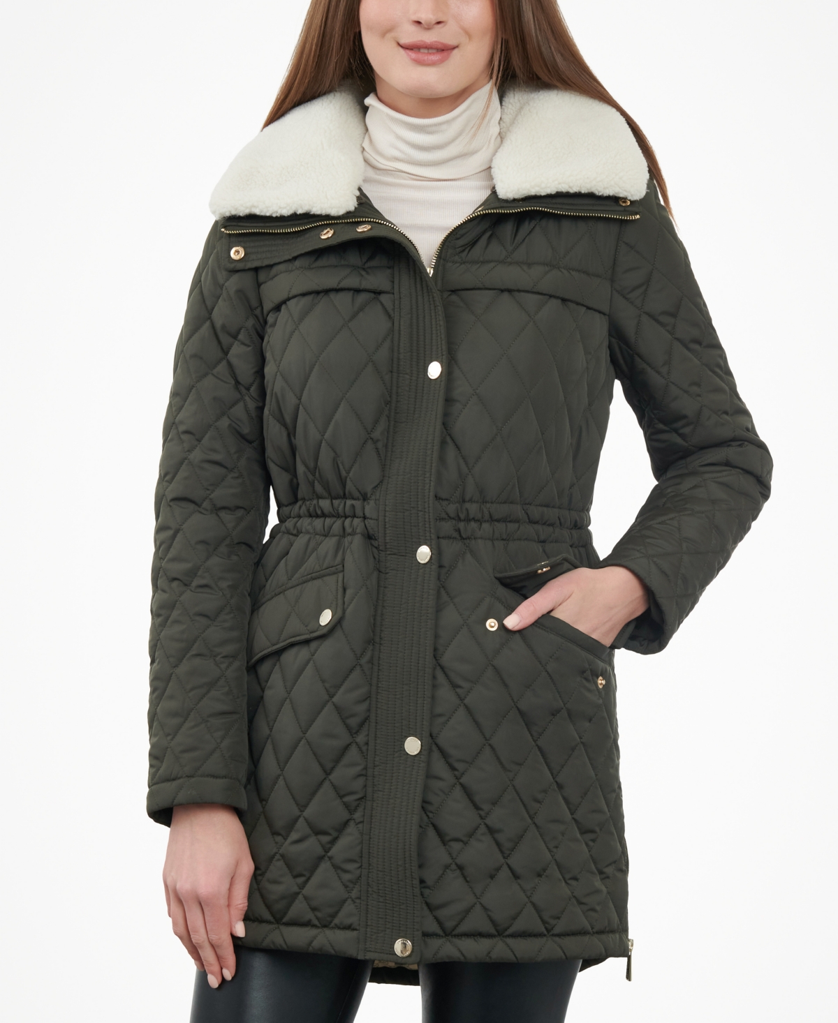 Shop Michael Kors Michael  Women's Petite Faux-fur-collar Quilted Coat In Dark Olive