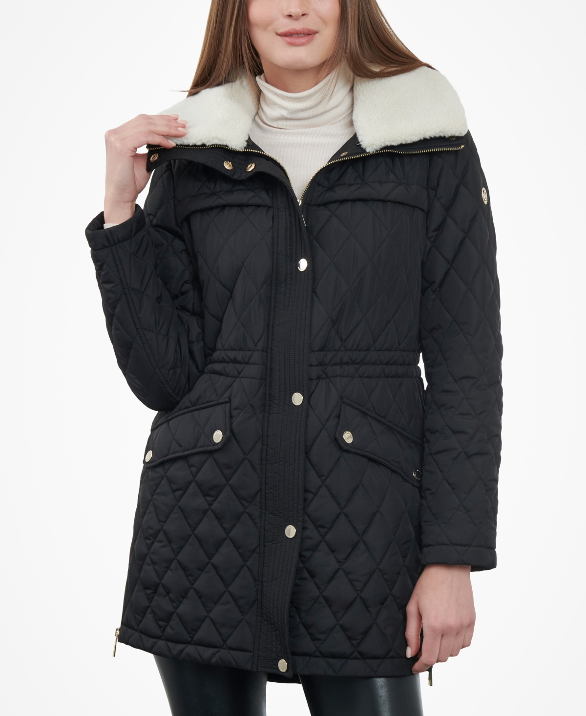 Shop Michael Kors Michael  Women's Petite Faux-fur-collar Quilted Coat In Black