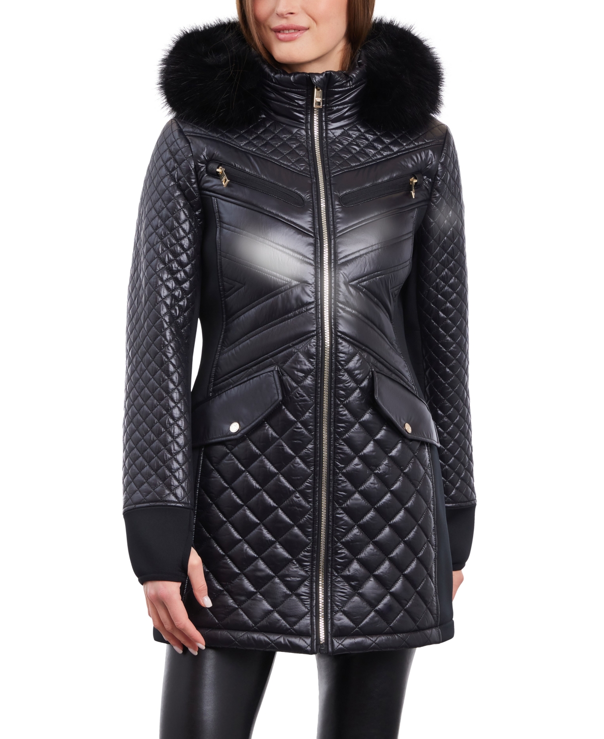 Shop Michael Kors Michael  Women's Faux-fur-trim Hooded Quilted Coat In Black