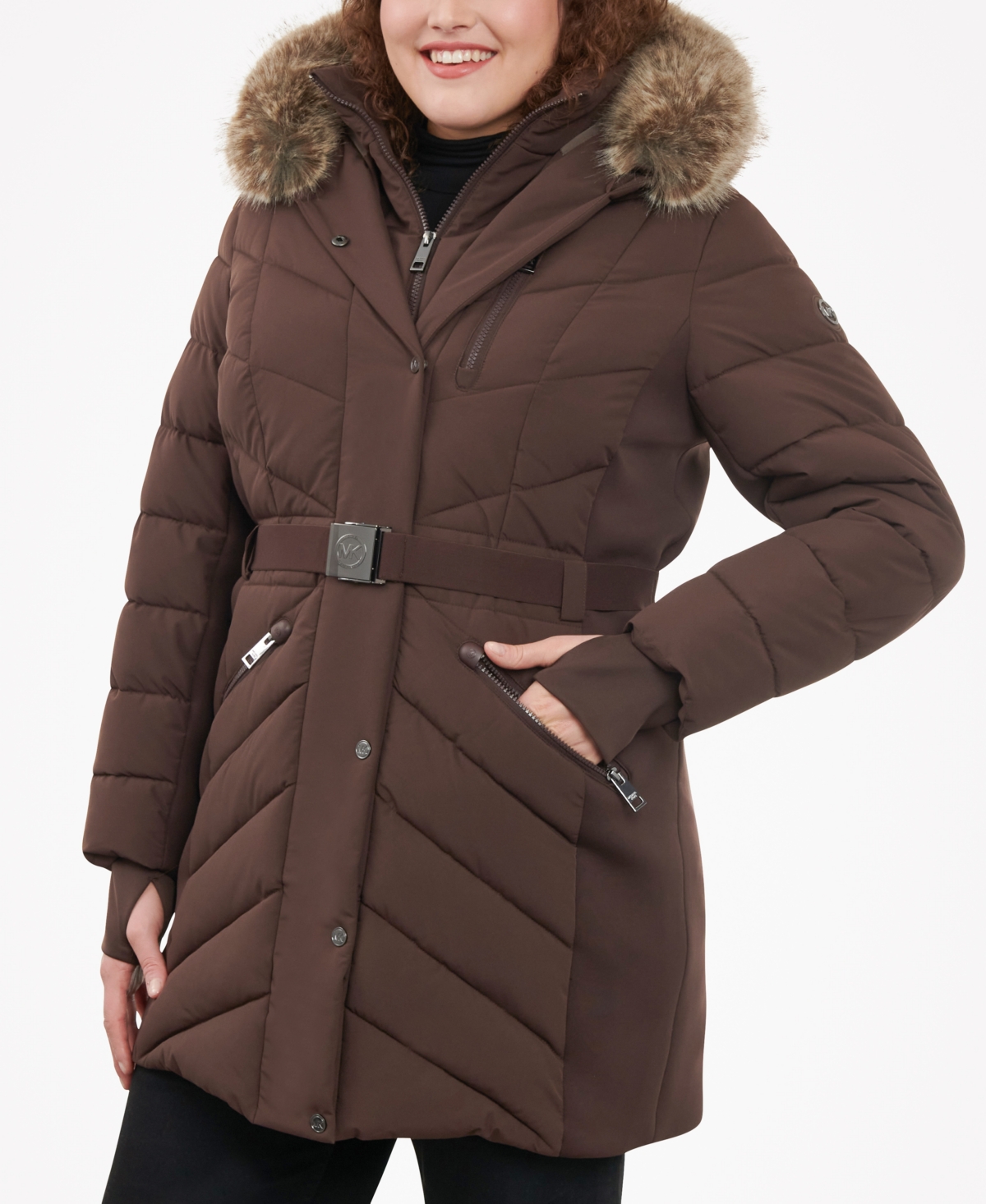 Michael Kors Michael  Women's Plus Size Belted Faux-fur-trim Hooded Puffer Coat In Chocolate