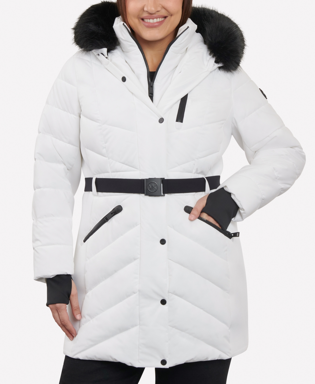 Shop Michael Kors Michael  Women's Plus Size Belted Faux-fur-trim Hooded Puffer Coat In White