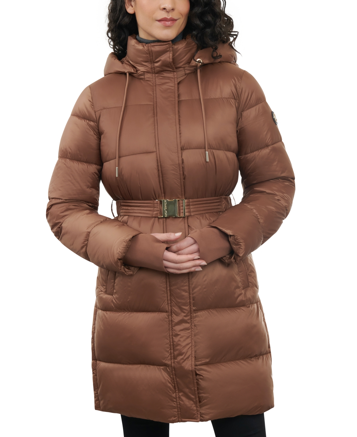 Shop Michael Kors Michael  Women's Hooded Belted Puffer Coat In Luggage