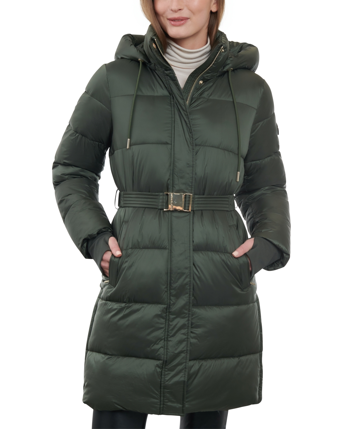 Shop Michael Kors Michael  Women's Hooded Belted Puffer Coat In Jade