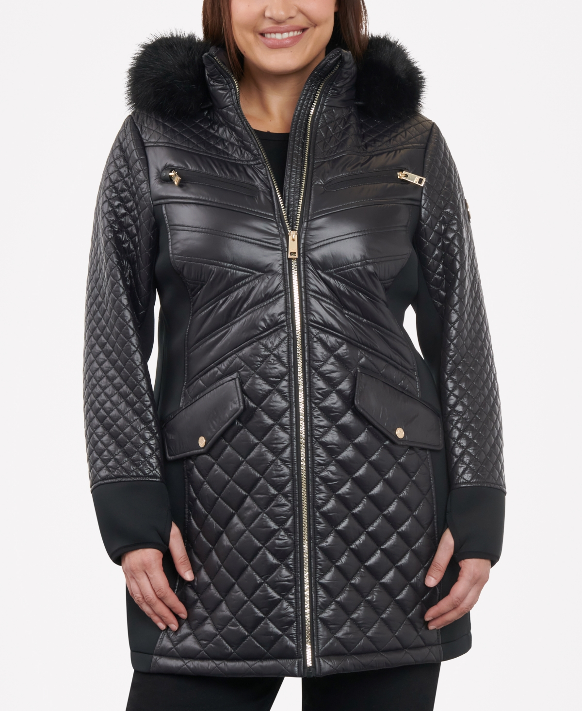 Michael Kors Michael  Women's Plus Size Faux-fur-trim Hooded Quilted Coat In Black