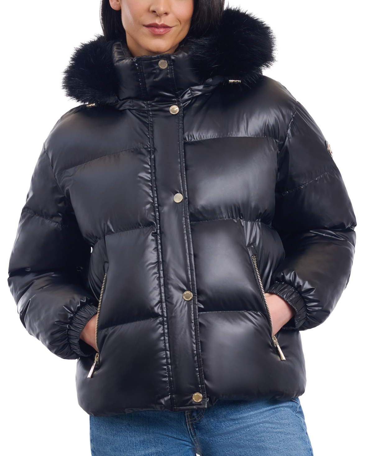 Michael Kors Michael  Women's Faux-fur-trim Hooded Bomber Puffer Coat In Black