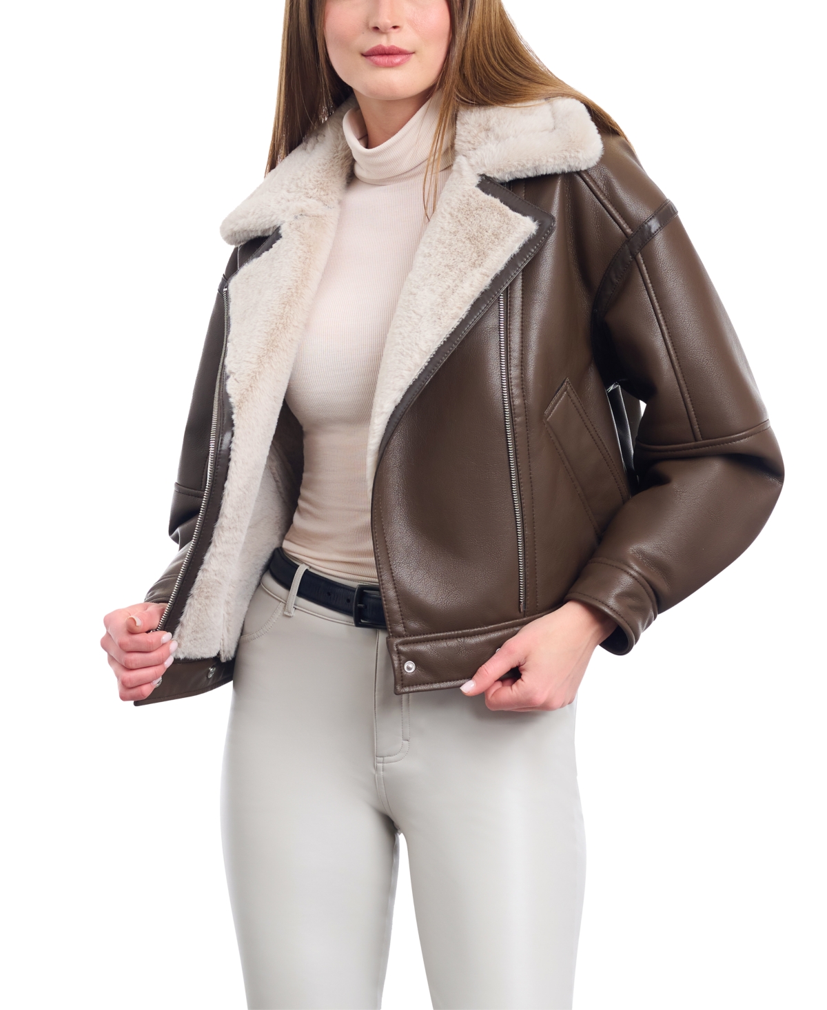Women's Cropped Faux-Leather Motorcycle Coat - Dark Brown