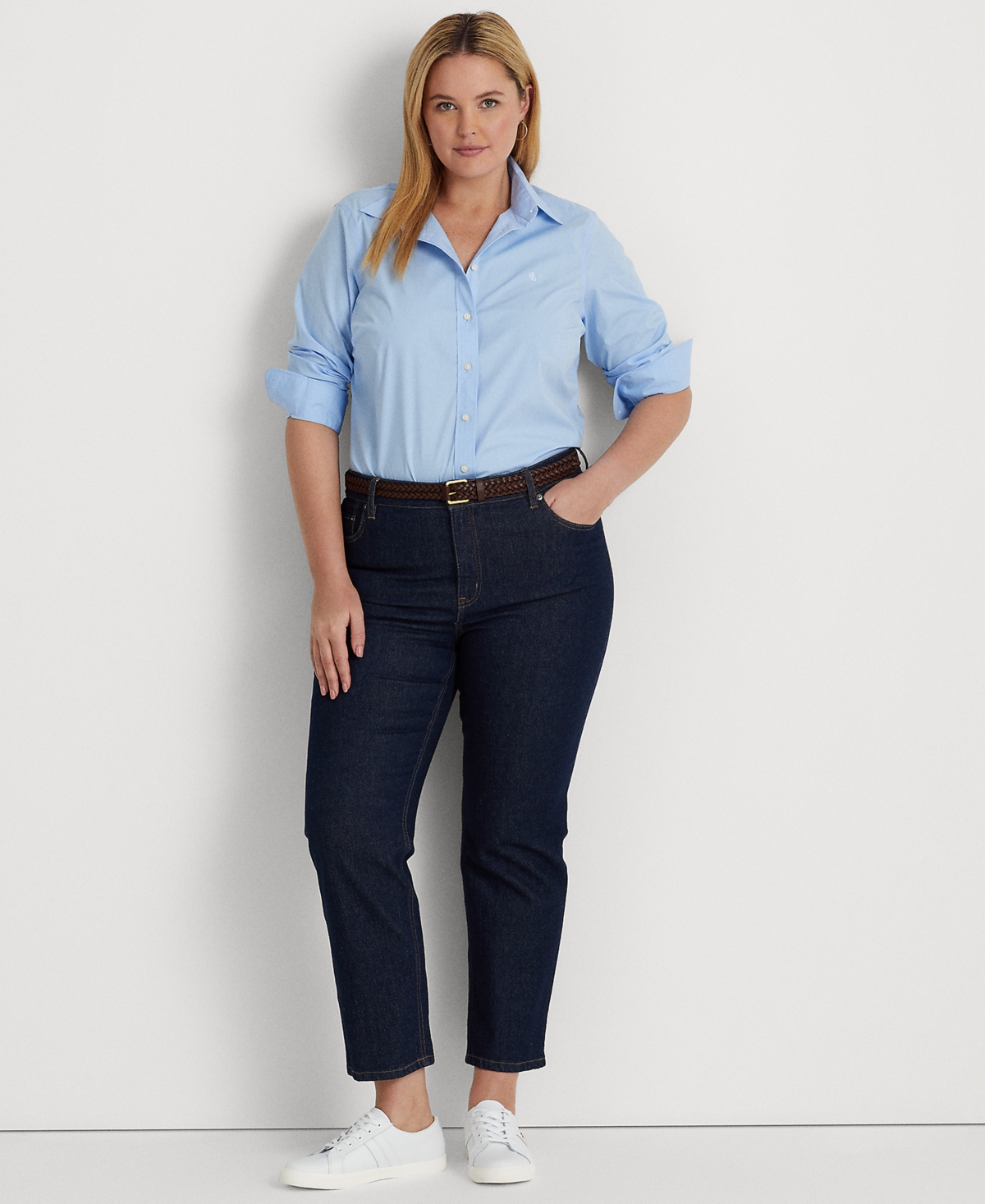 Shop Lauren Ralph Lauren Plus-size Easy Care Cotton Shirt In Blue