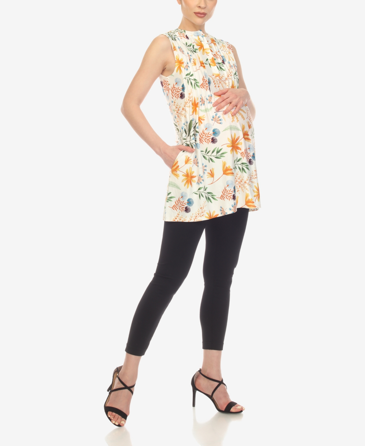 White Mark Women's Maternity Floral Sleeveless Tunic Top In White