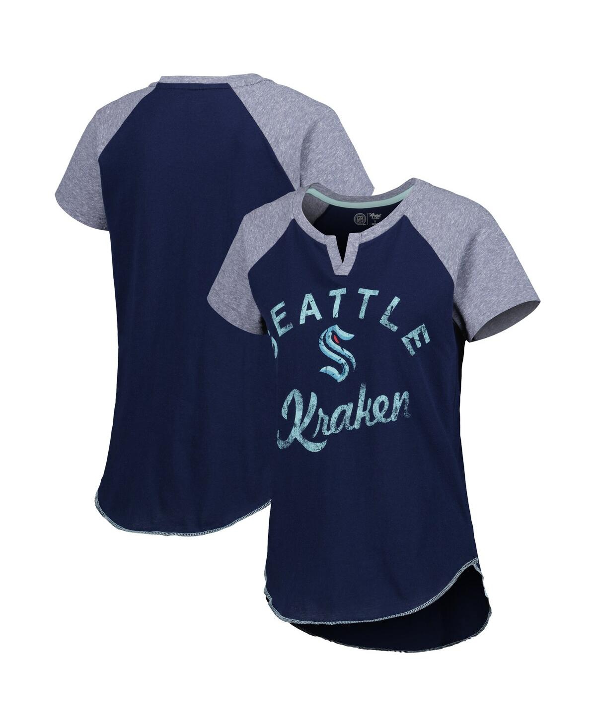 Shop Starter Women's  Deep Sea Blue Seattle Kraken Grand Slam Raglan Notch Neck T-shirt