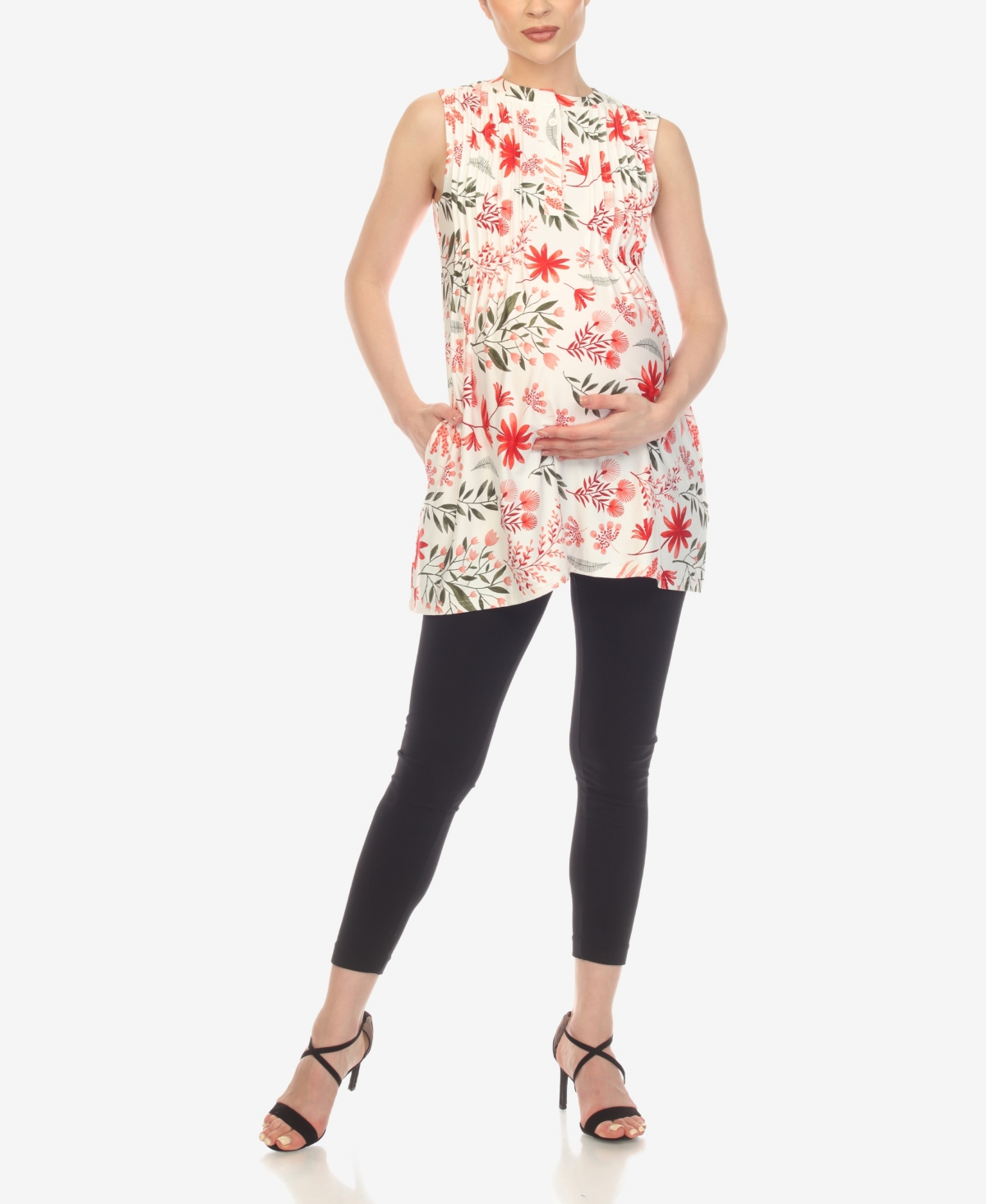 White Mark Women's Maternity Floral Sleeveless Tunic Top In Red