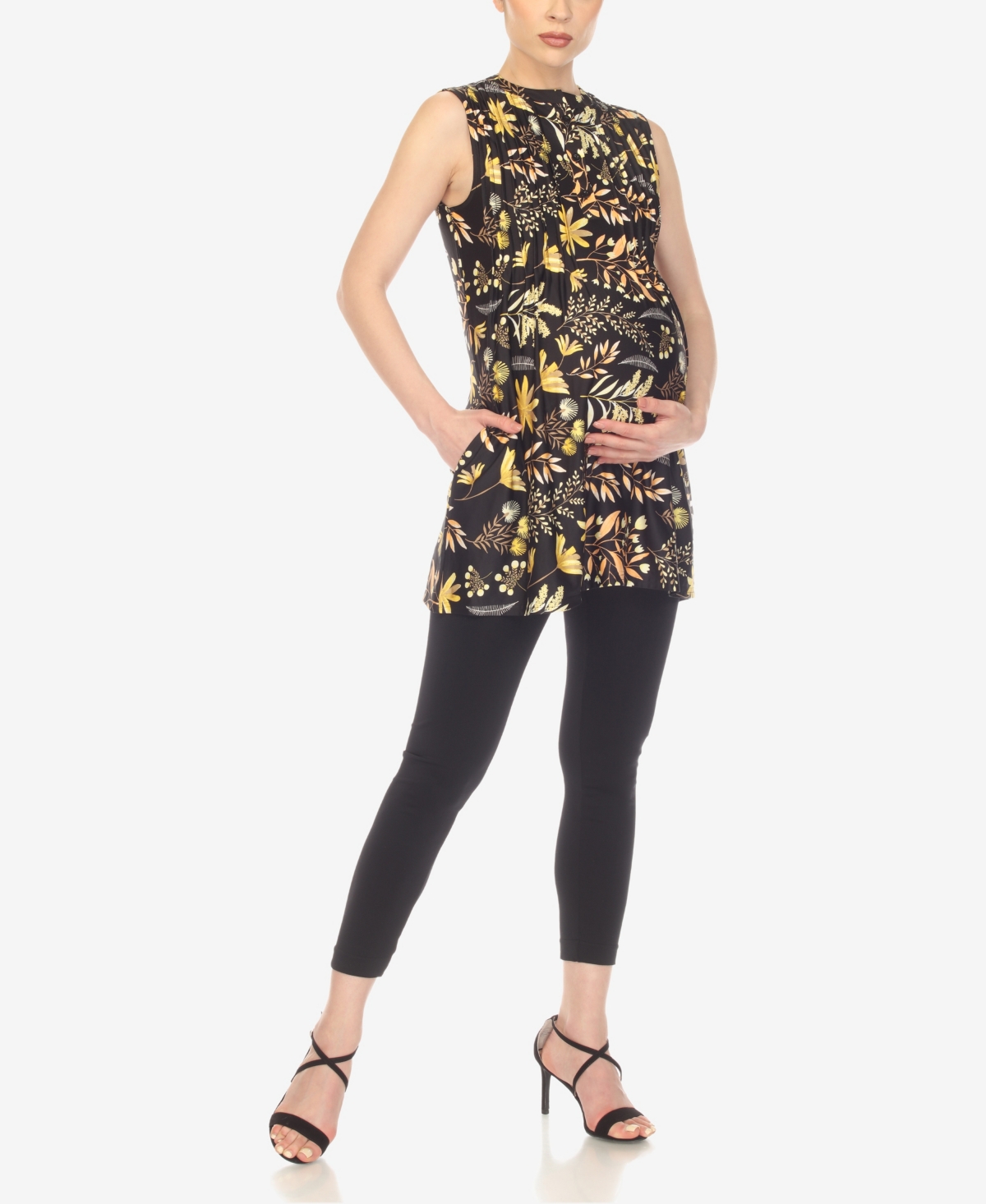 White Mark Women's Maternity Floral Sleeveless Tunic Top In Black