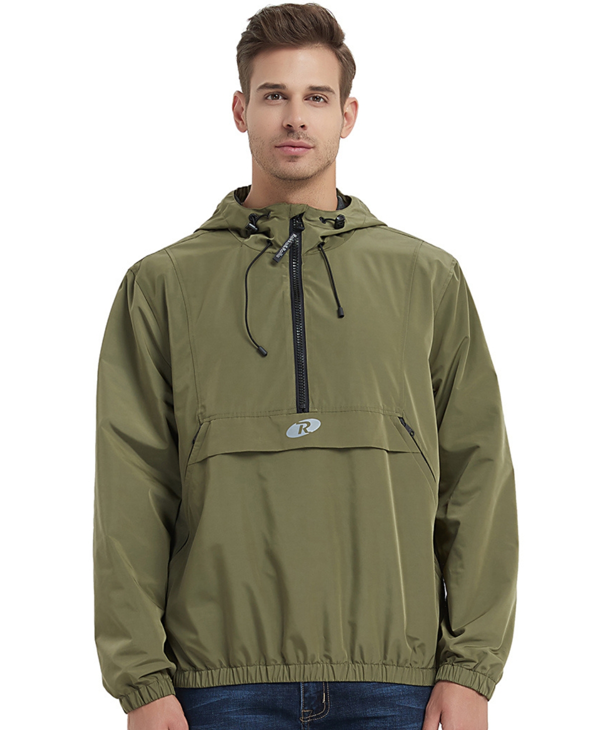 Men's Pullover Mesh lined Windbreaker Anorak Jacket, up to size 2XL - Olive green