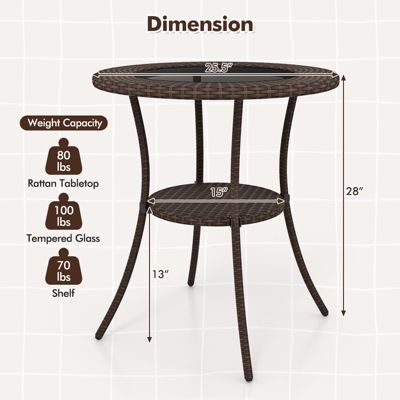 Round Rattan Wicker Coffee Table Glass Top Steel Frame Patio Furni W/Lower Shelf