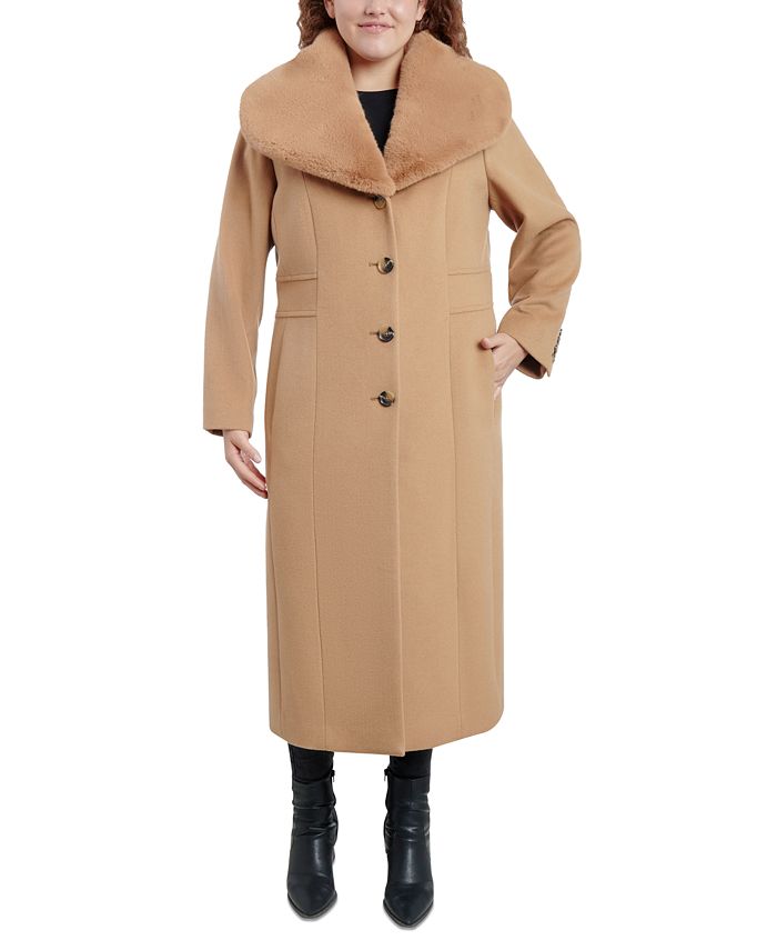 Anne Klein Women's Plus Size Faux-Fur-Collar Maxi Coat, Created for ...