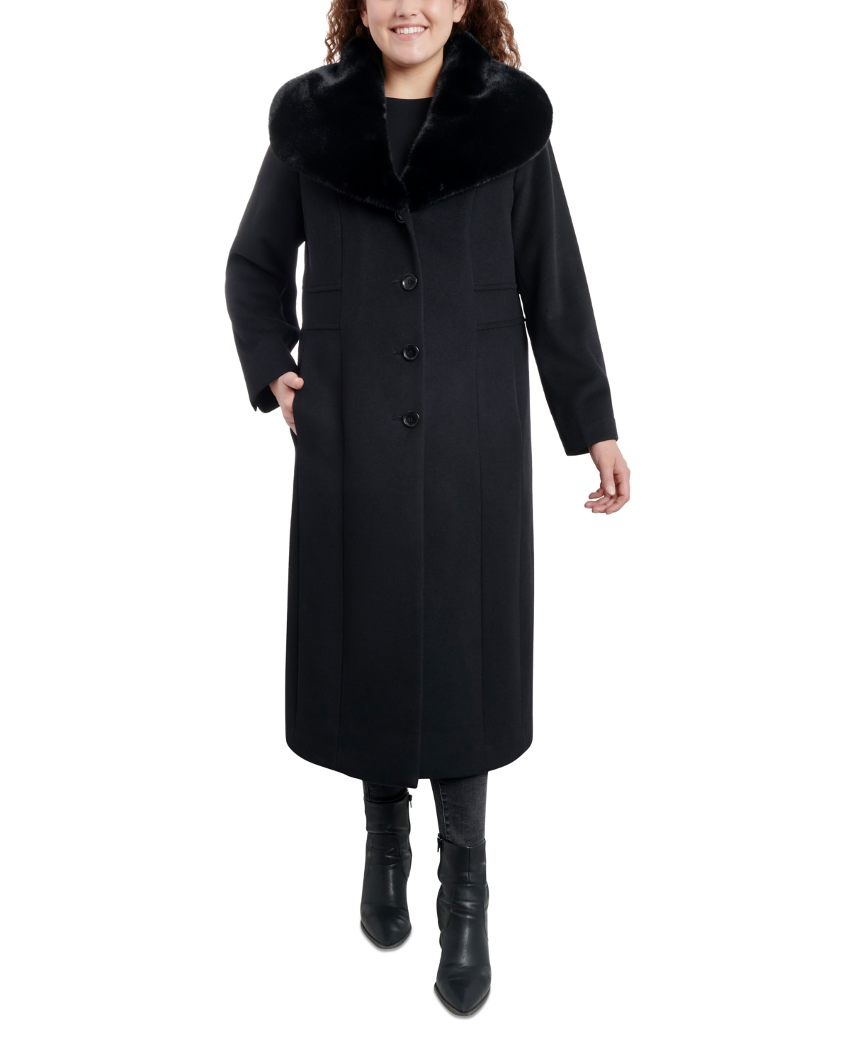 Shop Anne Klein Women's Plus Size Faux-fur-collar Maxi Coat, Created For Macy's In Black