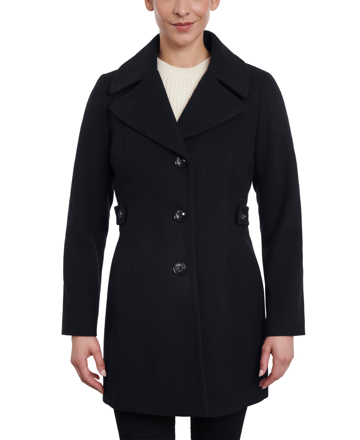 Anne Klein Women's Petite Single-breasted Notched-collar Peacoat, Created For Macy's In Black