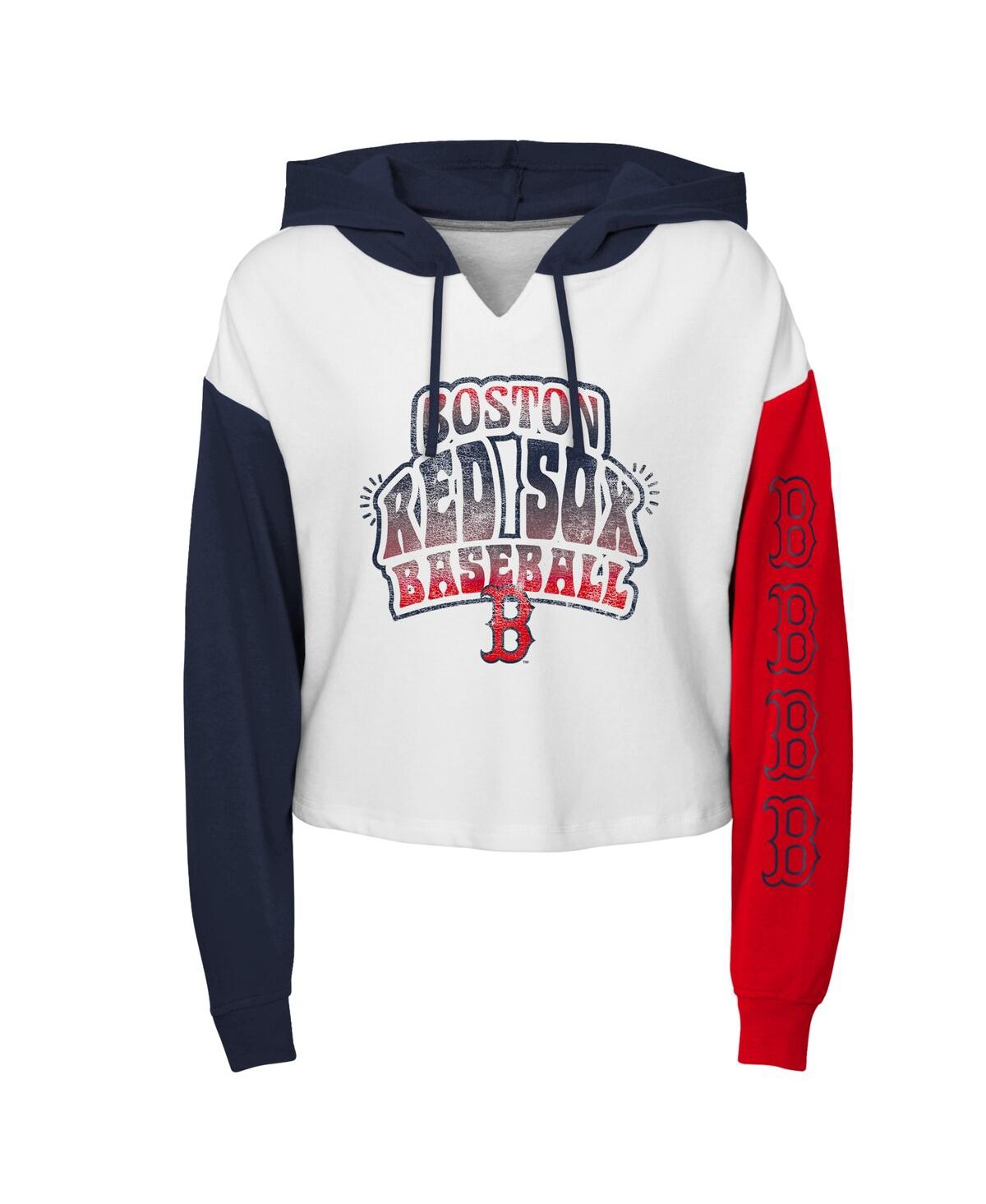 OUTERSTUFF BIG GIRLS WHITE BOSTON RED SOX COLOR RUN CROPPED HOODED SWEATSHIRT
