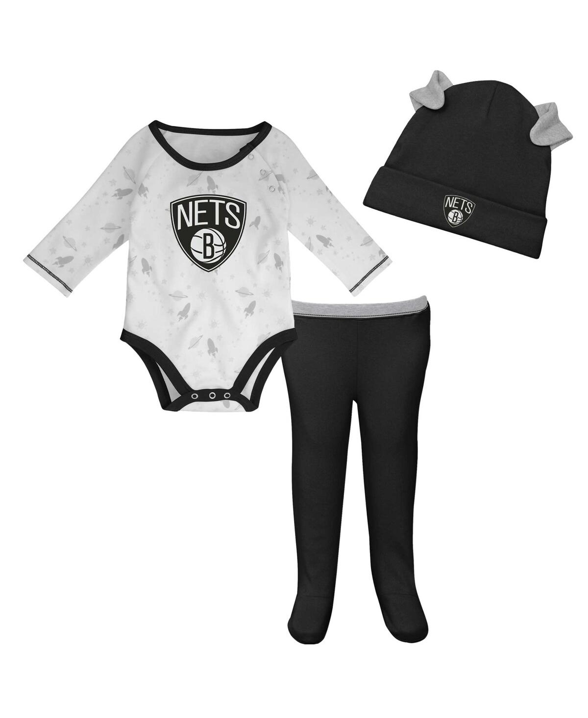 Shop Outerstuff Newborn And Infant Boys And Girls White, Black Brooklyn Nets Three-piece Dream Team Long Sleeve Body In White,black
