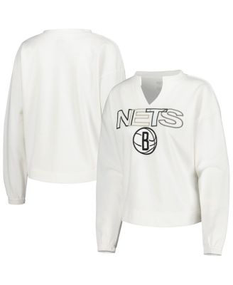 Women's White Brooklyn Nets Sunray Notch Neck Long Sleeve T-shirt