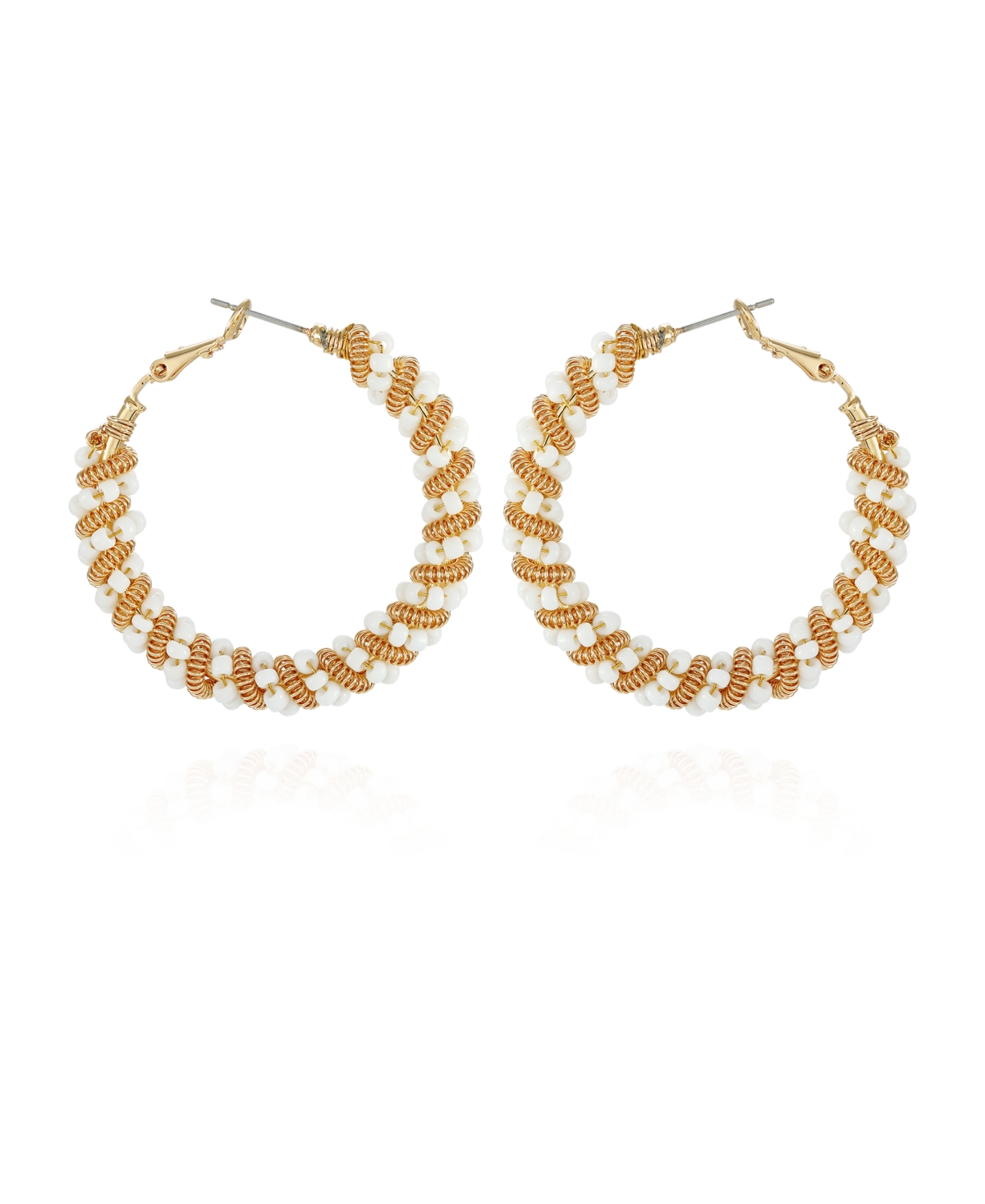 T Tahari Gold-tone Twisted Spiral And White Beaded Hoop Earrings