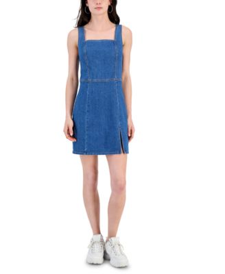 Tinseltown - Juniors' Square-Neck Seamed Slit-Front Denim Dress