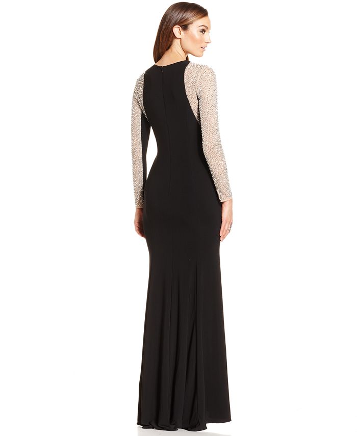 XSCAPE Long-Sleeve Studded Colorblocked Gown - Macy's