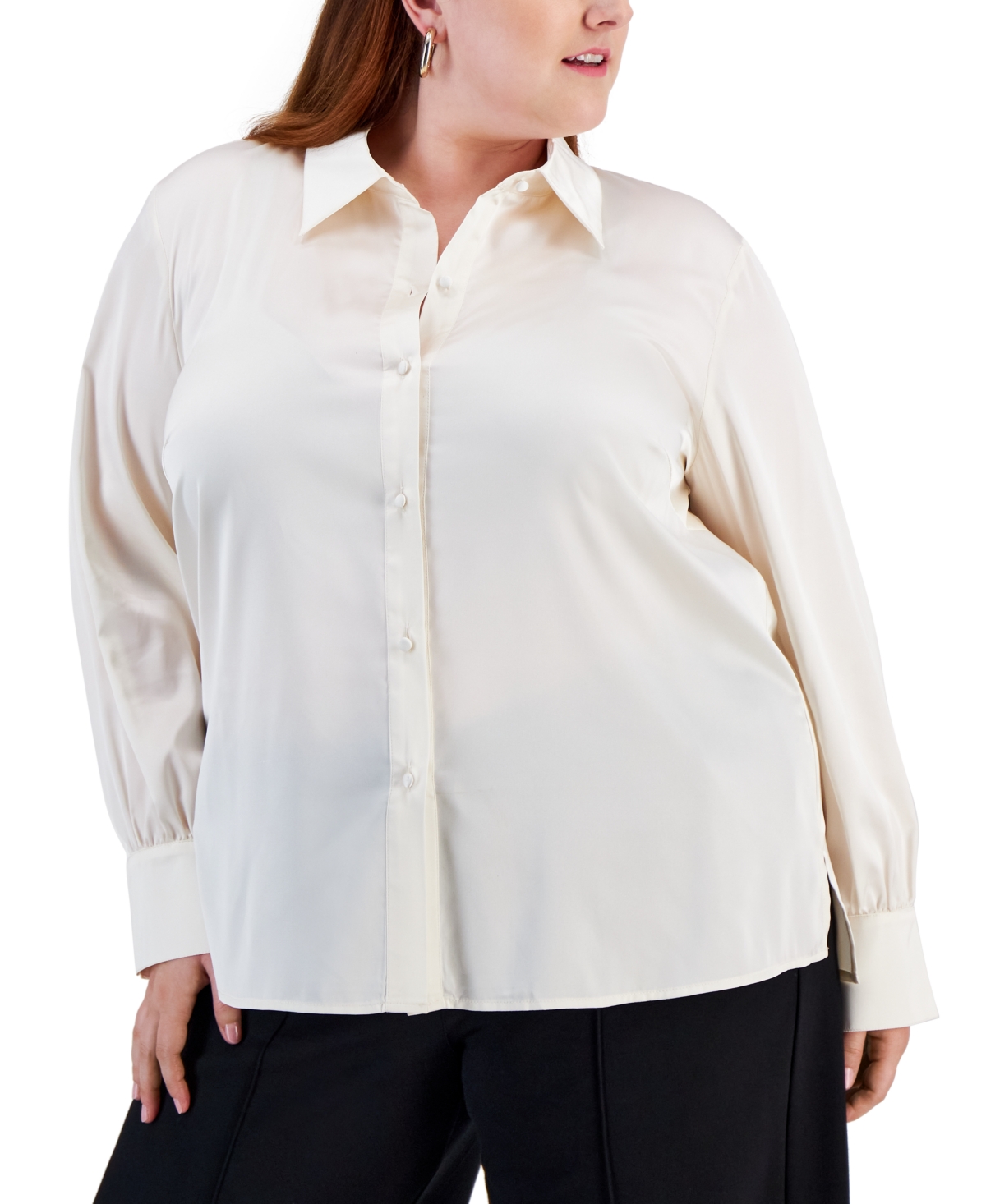 Bar Iii Plus Size Satin Long-sleeve Button-front Shirt, Created For Macy's In Bar White