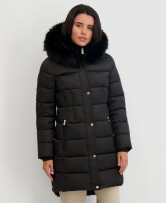 Womens Velvet Bibbed Faux-Fur Hooded Puffer Coat