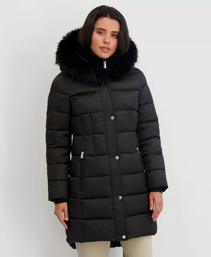 Womens Velvet Bibbed Faux-Fur Hooded Puffer Coat - thumbnail 5