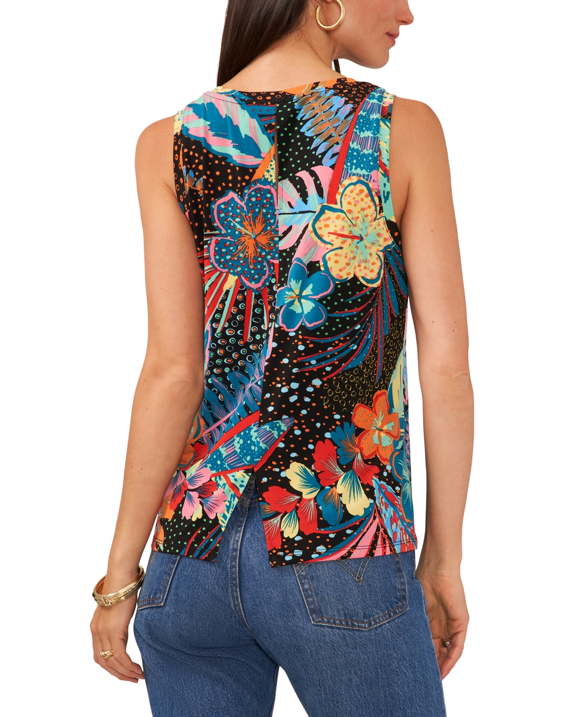 VINCE CAMUTO WOMEN'S PRINTED CREWNECK SPLIT BACK KEYHOLE TANK TOP 