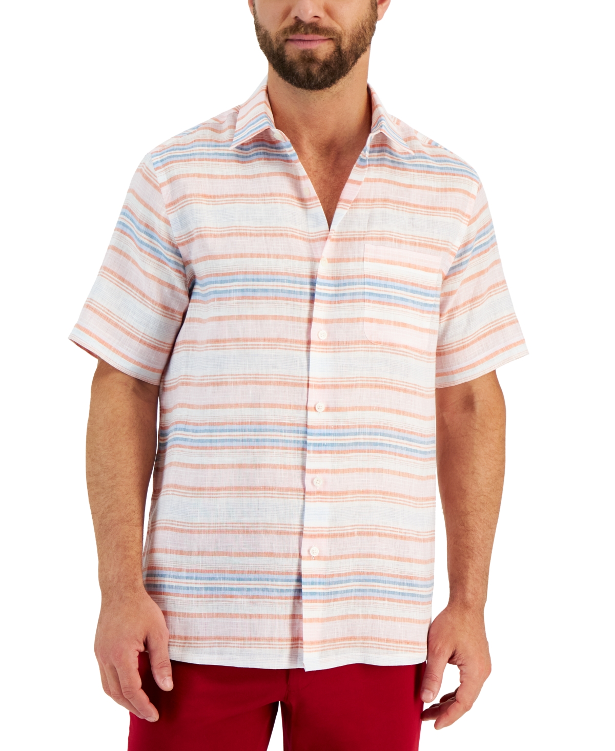 Club Room Men's Bash Stripe Elevated Short Sleeve Linen Shirt, Created For Macy's In Ash Pink
