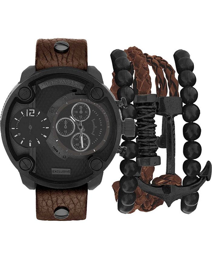 Rocawear Men's Analog, Quartz Brown Leather Strap Watch 51mm Gift Set